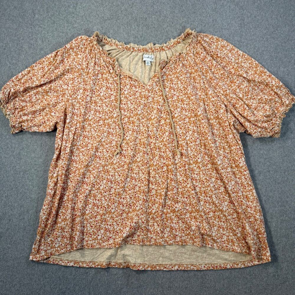 Wonderly Floral Puff Sleeve Blouse Women's 2X Short Sleeve Tassel V-neck Orange